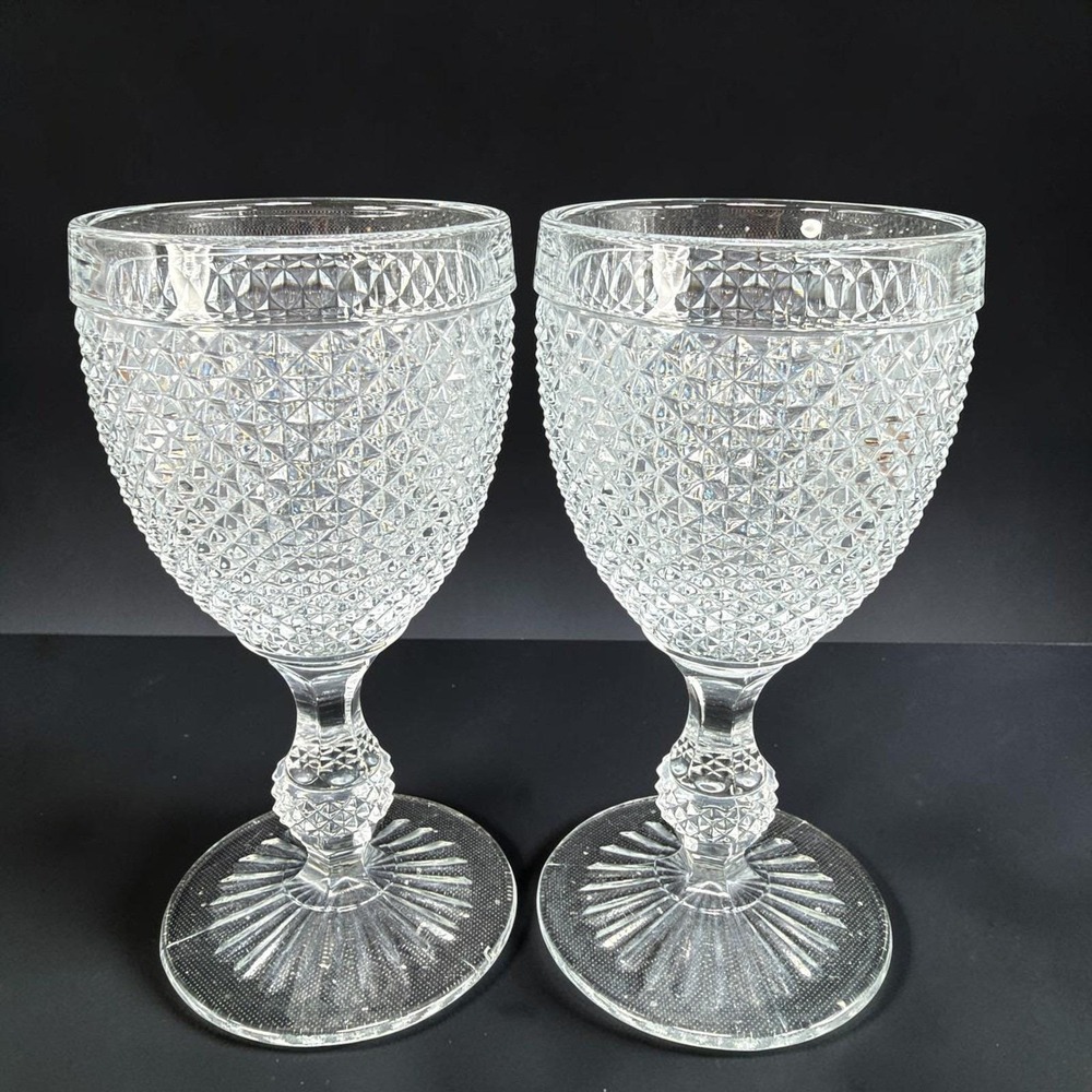Vista Alegre BICOS Clear Glass Goblets Set of 2 Diamond Point Water Wine 6.5in